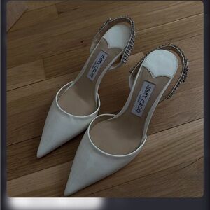 Jimmy Choo Ivory Pointed Slingback Pumps with Crystal-Ankle Strap